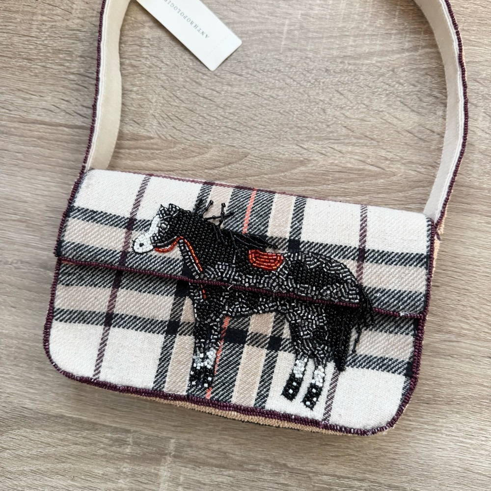 Anthropologie The Fiona Beaded Shoulder Bag Animal Edition Horse Plaid Cream